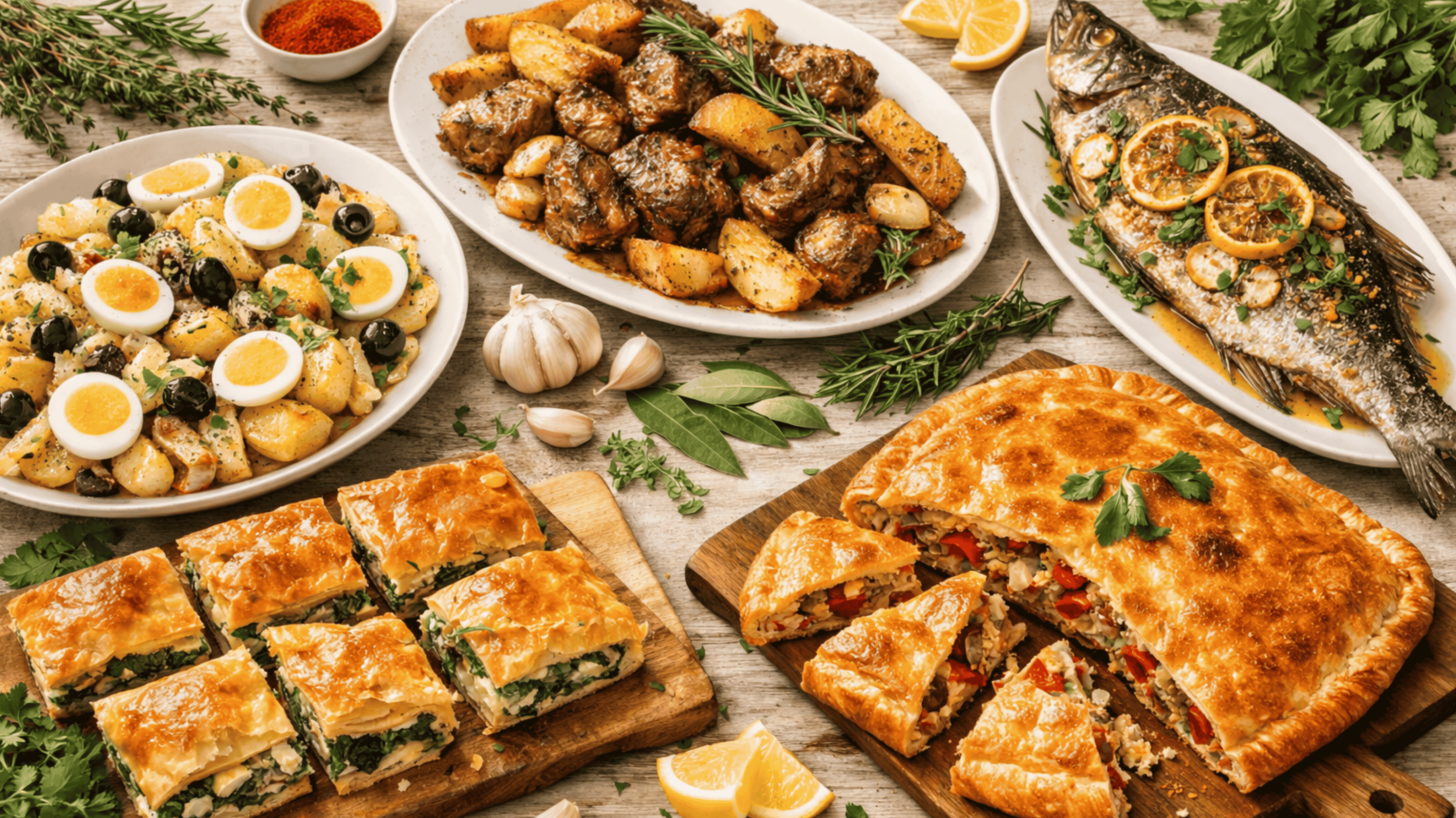 Pratos tradicionais de Páscoa de diferentes países com ervas e especiarias, representando sabores do mundo.