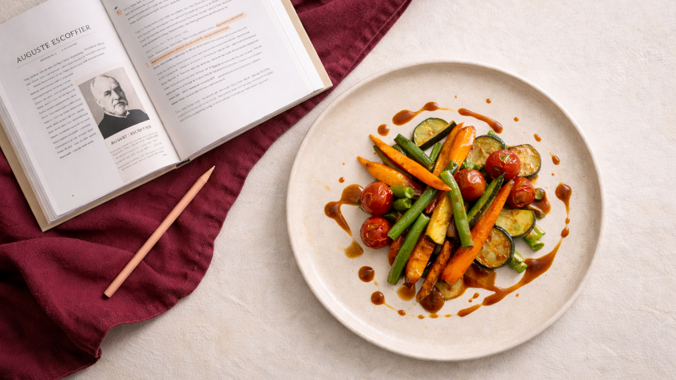 Prato de legumes coloridos finalizado com molho em composição editorial, ao lado de livro de gastronomia aberto com referência a Auguste Escoffier